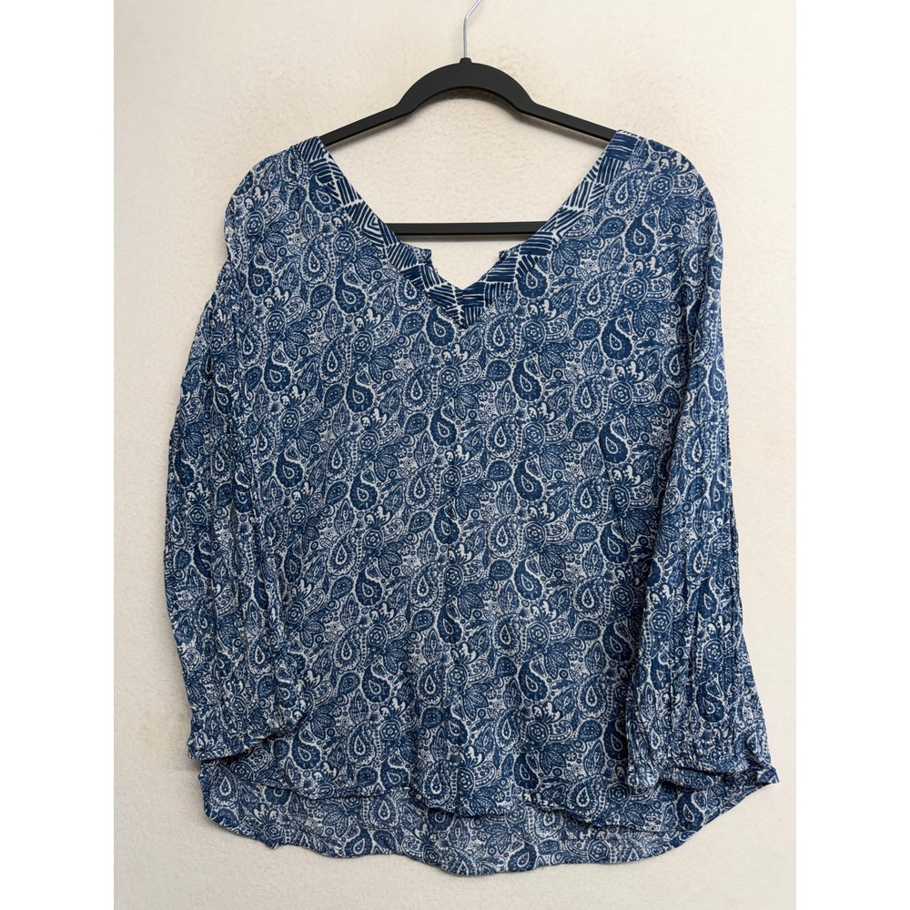 World Market Blue White Paisley Cotton Tie Back V-Neck Blouse L/XL Boho Top